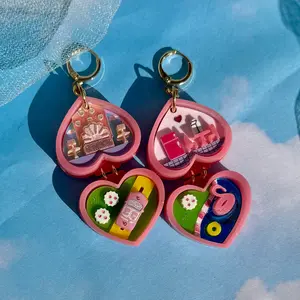 Mini Pink House Heart Pocket Dangly Earrings cute earring girly accessories