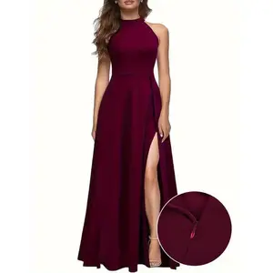 Women's Elegant Backless A-line Dress - Burgundy Side Slit High-Low Hem Long Evening Gown, Machine Washable Loose Fit, Suitable for Parties, Banquets, and All-Year Wear, Fashion Silhouette, Lightweight Fabric, Adult Outfit second