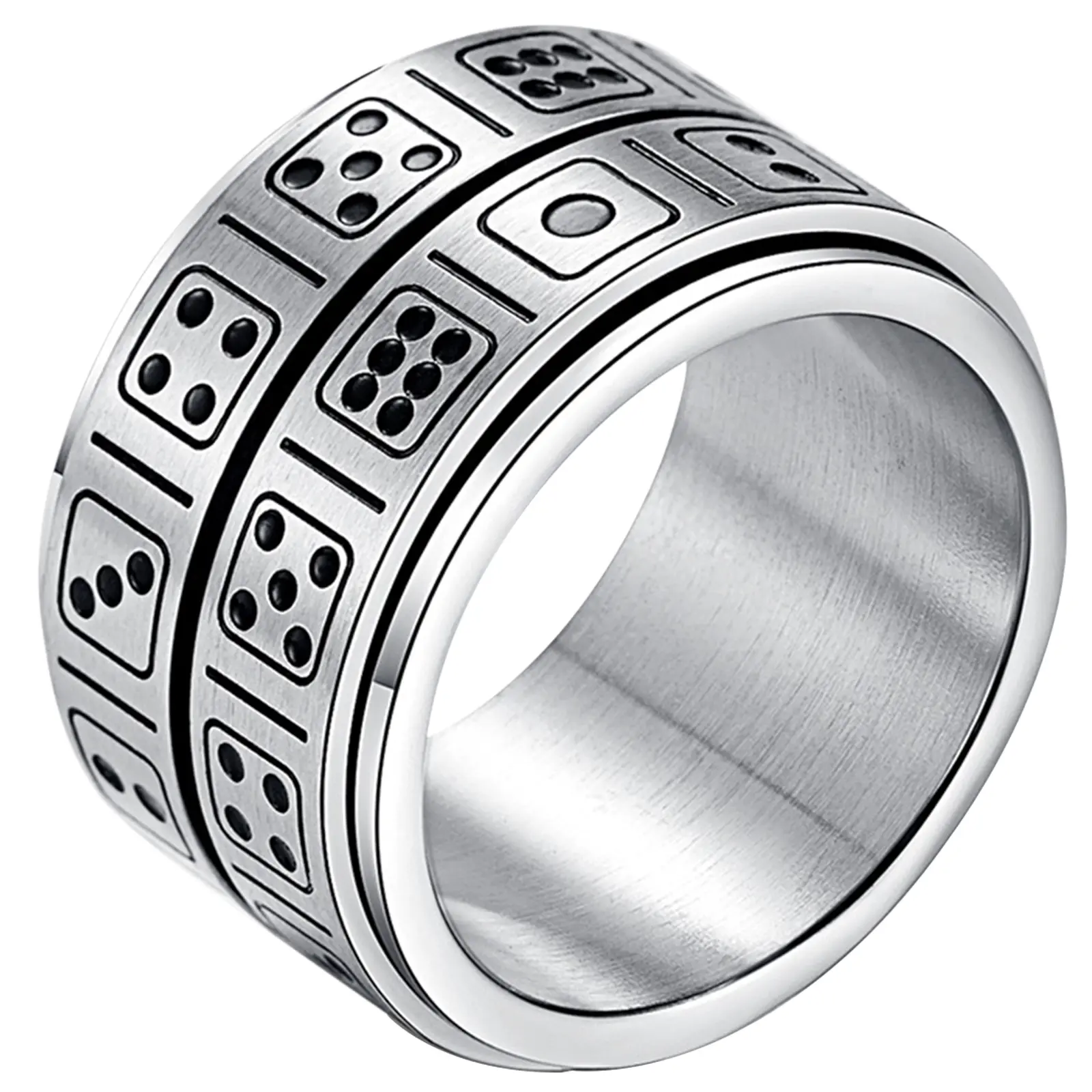 OIDEA 14MM Men's Chunky Stainless Steel Double Row Dice Ring - Anti-Rust Heavy-Duty Metal Fidget Thumb Ring, Silver Lucky Statement Stainless Steel Jewelry Band, Fidget Rings