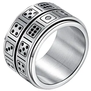 OIDEA 14MM Double Row Dice Spinner Fidget Ring for Men, Chunky Statement Stainless Steel Anti-Rust Heavy-Duty Metal Jewelry, Silver Lucky Stress Relief Band, Stainless Steel Jewelry
