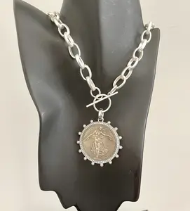 Large French Coin Replica Necklace with Matte Silver Chain