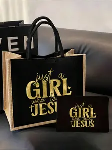 Lightweight Tote Bag + Makeup Bag Set, Women's Linen Large Capacity Handbag, Portable Casual Shopping & Storage Tote, Innovative Design