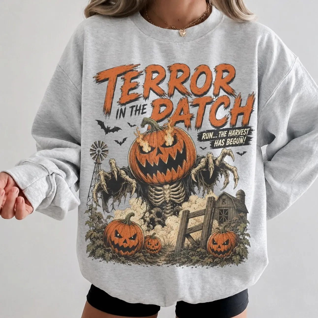 Retro Haunted Pumpkin Patch Sweatshirt, Trendy Halloween Crewneck, Spooky Season Skeleton Shirt, Vintage Halloween Graphic Pullover, Cute Fall Autumn Apparel, Cozy Aesthetic Holiday Gift for Women and Men, Retro Spooky Season Sweatshirt