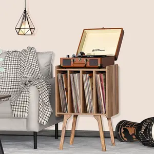 LELELINKY Record Player Stand,Vinyl Record Storage Table with 4 Cabinet Up to 100 Albums,Mid-Century Modern Turntable Stand with Wood Legs,Oak Grey Vinyl Holder Display Shelf for Bedroom Living Room