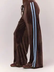 Wide Leg Side Stripe Velour Thick Tie Waist Band Low Waist Joggers Old Money Cute Country Cottage Core Back To School Casual Lounge For Women Butterscotch Lounge Sweat Summer Holiday Y2k