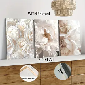 3pcs Framed  This framed decorative painting features blooming white roses with vivid water droplet details on the petals bringing elegance and vitality to your living space. High-quality canvas mate