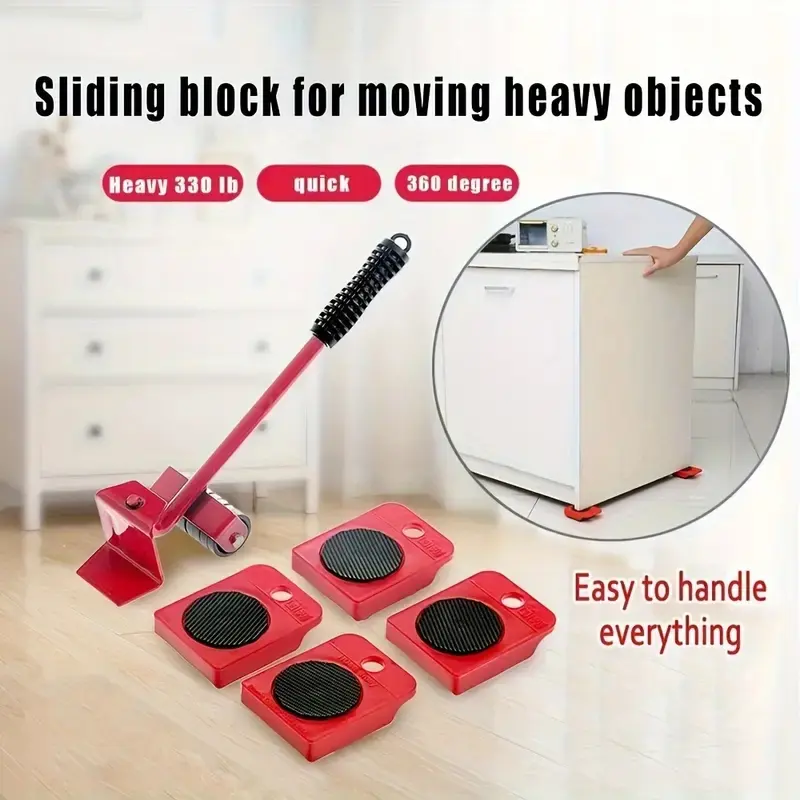 Red Moving Helper Tool - Stainless Steel Omnidirectional Wheels Caster Base, Labor-Saving On Wheels Multitools & Accessories for Moving Heavy Furniture