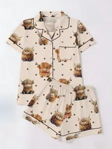 Cute Highland Cow Print Pajama Set, Short Sleeve T-Shirt & Shorts Cardigan Two-Piece, Casual Homewear for All Seasons