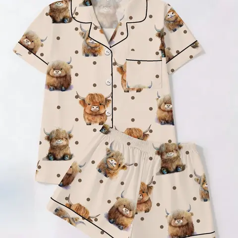 Highland Cow Print 2-Piece Pajama Set, Short Sleeve Button-Up Shirt and Shorts, Cute Casual Homewear for All Seasons, Lounge Pjs