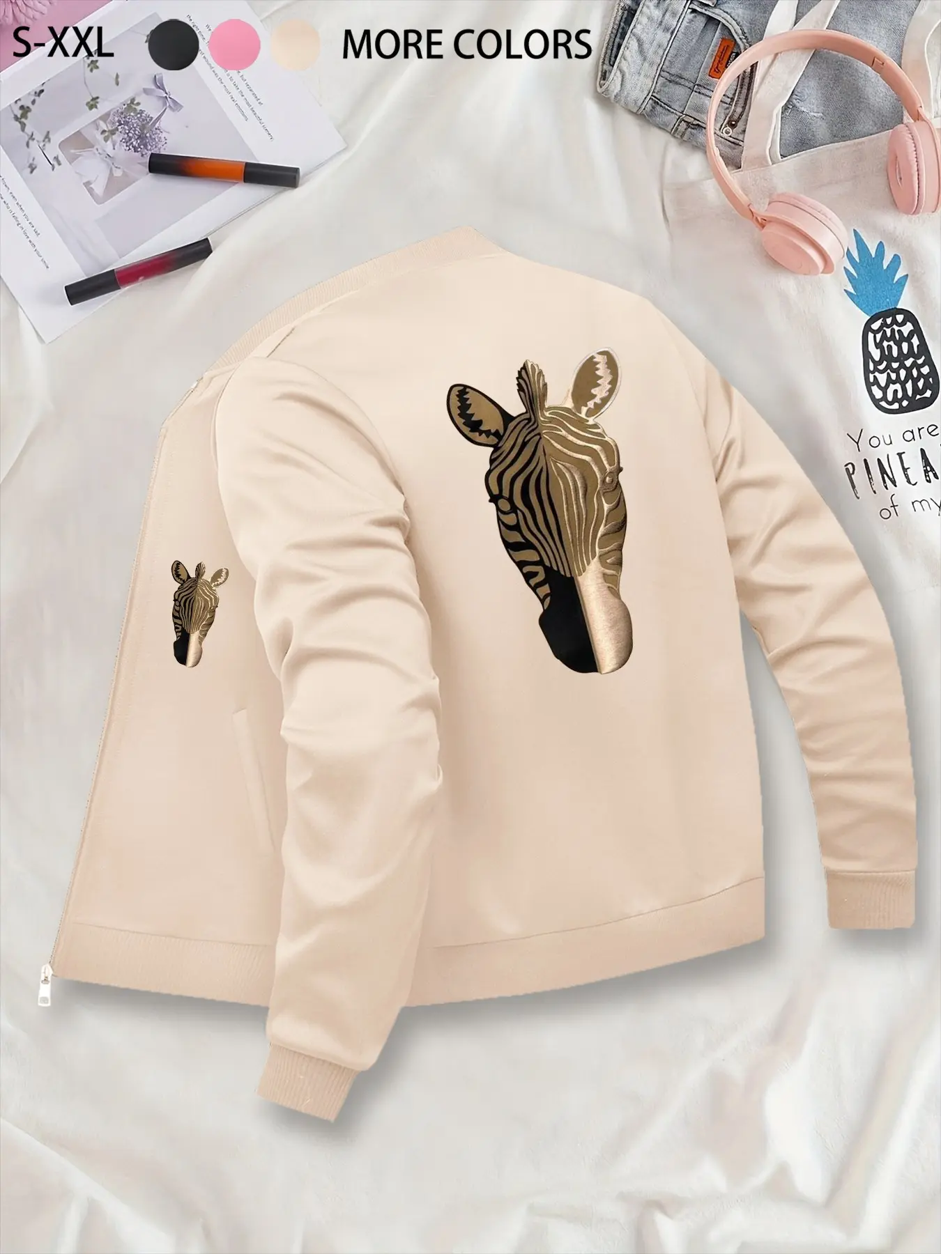Women's Zebra Animal Print Bomber Jacket, Lightweight Zip-Up Coat, American Street Style, Casual All-Season Wear, Graphic Letters Design