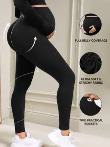 Maternity Solid Pocket Skinny Pants, High Stretch Yoga Leggings, Ladies Sportswear for Indoor Outdoor Wear, Maternity Clothing