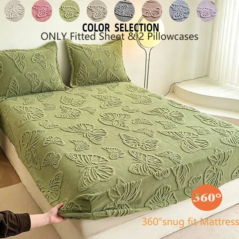 Butterfly Jacquard Fitted Sheet Set (1 Bed Skirt + 2 Pillowcases), Non-Slip, Soft, Breathable, King/queen Size, Bedroom Decor Gift, Bed Linens