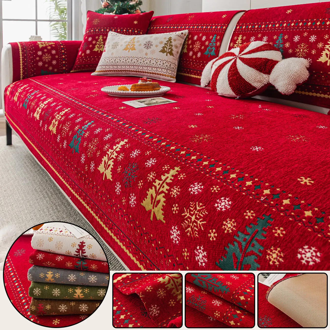 1pc classic Christmas-themed plush sofa cover, Dustproof sofa cover, machine washable, dust-proof and stain-resistant, suitable for all seasons, ideal for autumn decor, room decor, fits 2/3/4-seater living room sofas