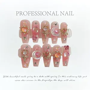 Pink Magic Moon Press-On Nails | Reusable Acrylic Tips with Stars & Moon Charms for DIY Art & Light Wear,Gel Summer,Nail Collection,Home Nail