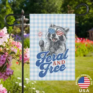 Feral and Free Patriotic Raccoon Garden Flag, Gingham American Outdoor Yard Decor, 4th of July Funny Banner, Summer Holiday Sign(Pole, Hooks, Or Fasteners Are Not Included)