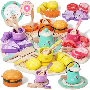 GRINNIE Tea Party Set Toy for Girl 3 4 5 Years Old, Wooden Pretend Play Kitchen Toy Food for 3 Year Old Little Girls , Great Educational 1st Birthday for 3-5 Toddler Girls Boys