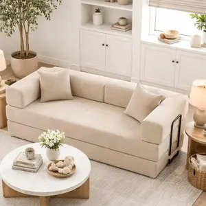 Modular Compressed Sofa Bed Full Foam Couch with Multiple Layout Options Soft Corduroy Fabric 2 Cushions for Living Room Bedroom Apartment beige