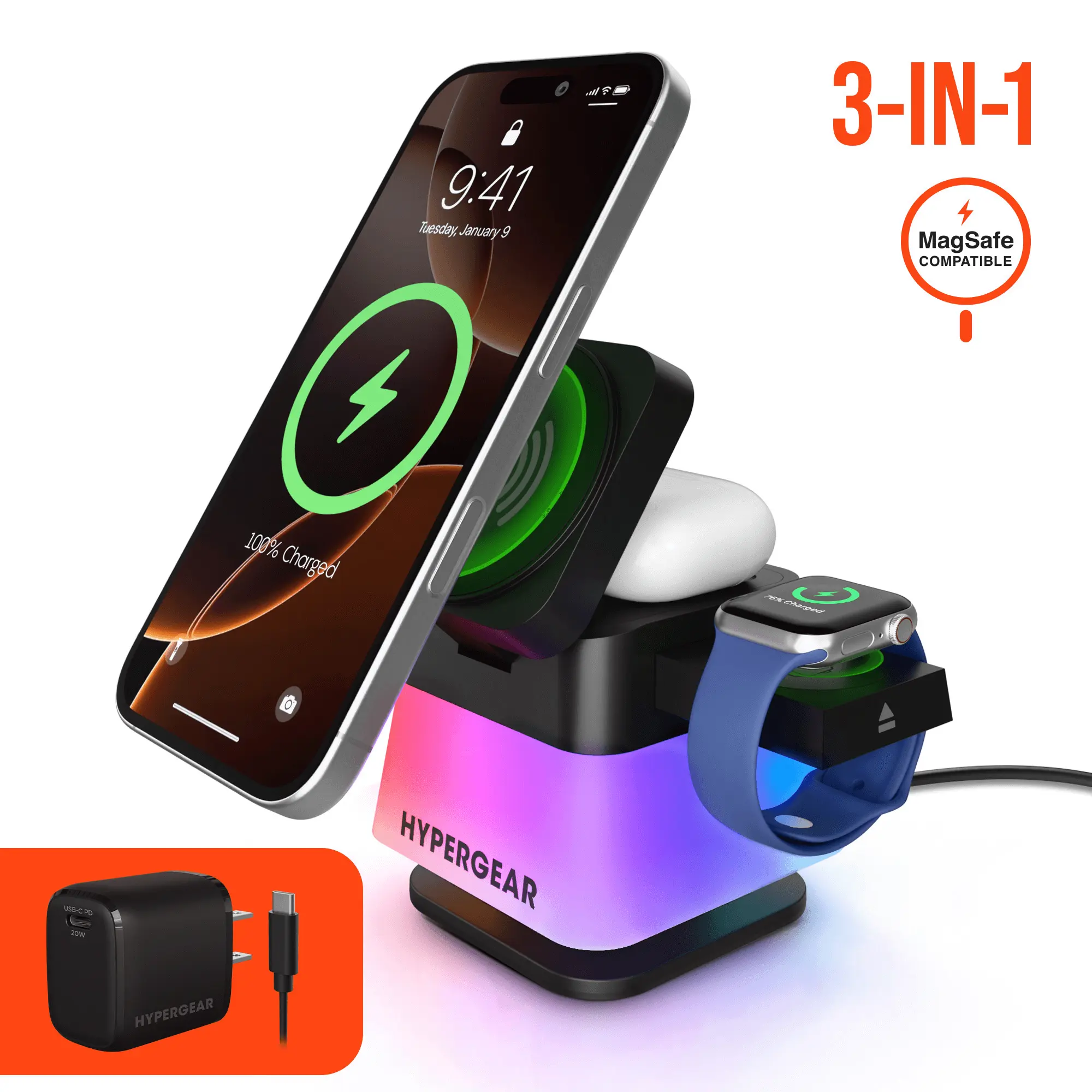 HyperGear PowerFold Cube RGB 3-in-1 Wireless Charging Stand Cable Foldable Led Lights