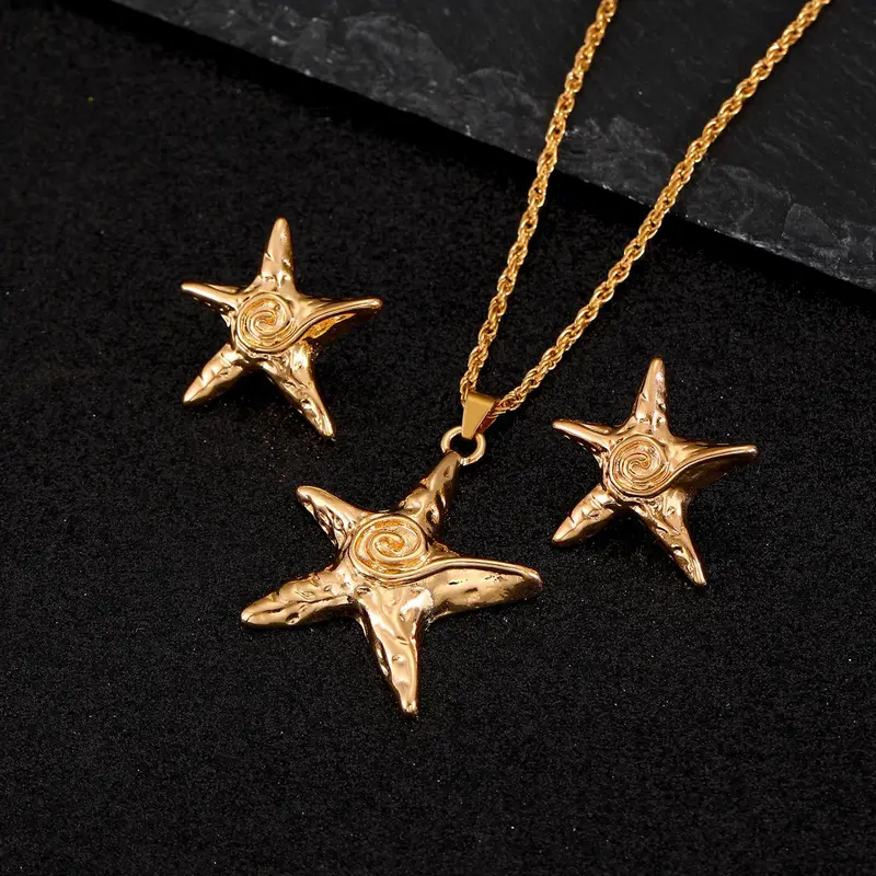 Spiral Texture Starfish Design Pendant Necklace & Stud Earrings, Matching Elegant Vintage Jewelry Set for Party, Daily Decor, Trendy All-match & Exquisite Jewelry for Birthday Gift