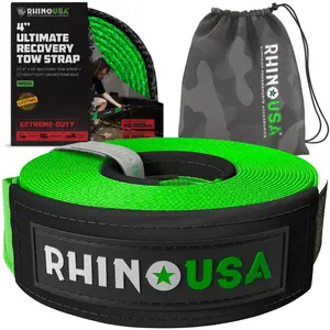 Rhino USA Recovery Tow Strap (4" x 30') - 40,320lb Break Strength - Emergency Recovery Strap Tow Rope for Diesel Trucks, Backhoe, Excavators & More - Heavy Duty Towing Strap for Offroad 4x4 Use
