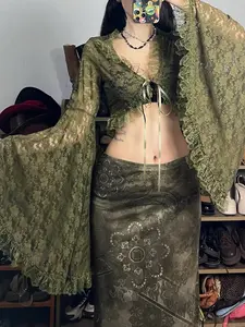 Elegant Lace-Up Cardigan, Tops V-Neck Hollow Out Design, Long Sleeve Flare Sleeves, Fitted, Perfect for Travel Parties Casual Dates