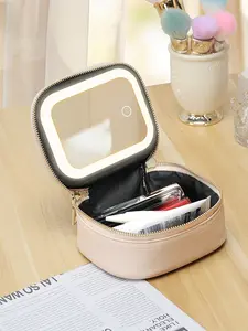 Mini LED Makeup Bag with Mirror, Portable Travel Cosmetic Organizer, Small Compact Lipstick Powder Storage Pouch, Essential Beauty Accessory