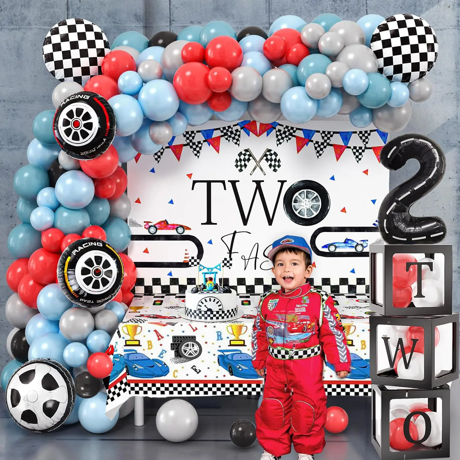 2nd Bday-Ready Complete Birthday Party Kit for 2-Year-Old Boys, Fast Race Car Themed Festive Supplies Including Racing Garland, Backdrop, Tablecloth, Boxes, Balloons, 2Nd Bday‑Ready Kit