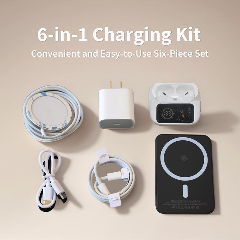 6-in-1 Portable Charging & Audio Kit – 10,000mAh Magnetic Power Bank, Wireless Charger, Type-C Cable & Bluetooth Headphones 6-in-1 Portable Charging & Audio Kit – 10,000mAh Magnetic Power Bank, Wireless Charger, Type-C Cable & Bluetooth Headphones