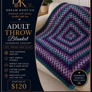 Dream Knot Co. Adult Throw Blanket Handmade Crochet Cozy Timeless Soft Warm & Durable Perfect for Couch Bed & Home Decor Custom Orders Available