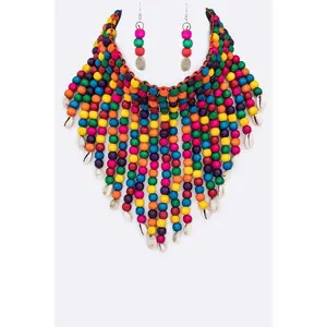 Wooden Beads Seashell Statement Necklace Set