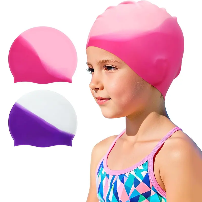 Kids' Silicone Soft Swimming Cap 2-Pack - High Elasticity, Water Ripple, Waterproof, Anti-Slip, Long Hair Safe, 2 Sizes, Comfortable Fit for Children Ages 3-15