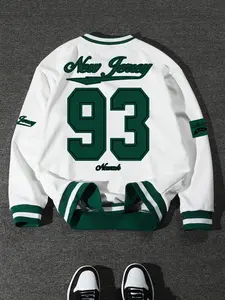 New Men's Fashion V-Neck Sweatshirt, Number 93 Graphic Pattern Print, Spring & Fall Loose Fit Long Sleeve Casual Sportswear Tops