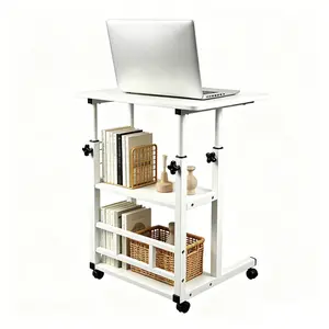 Portable Rolling Desk on Wheels – Adjustable Height Standing Desk with 3-Tier Storage Shelves, Mobile Computer Desk for Home Office, Small Spaces, Bedroom, Rustic Drafting Table with Bookshelf