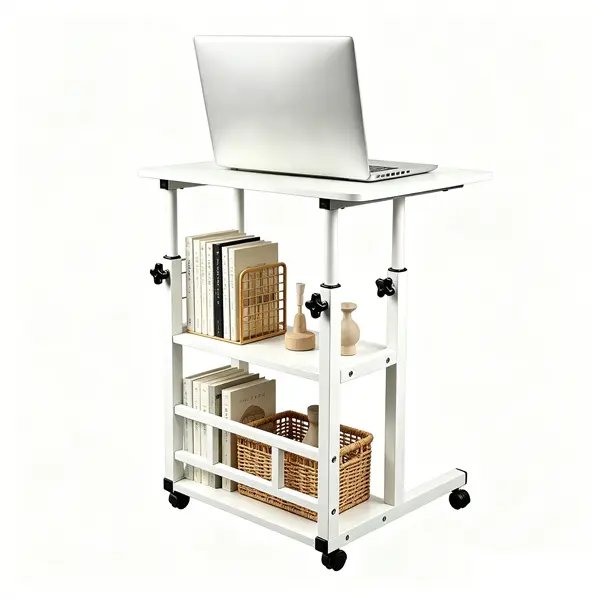 Portable Rolling Desk on Wheels – Adjustable Height Standing Desk with 3-Tier Storage Shelves, Mobile Computer Desk for Home Office, Small Spaces, Bedroom, Rustic Drafting Table with Bookshelf