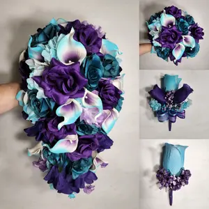 Purple Teal Rose Calla Lily Bridal Wedding Bouquet Accessories