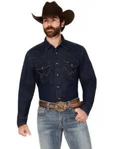 Wrangler Men's Medium Wash Denim Long Sleeve Snap Western Shirt - 112361700