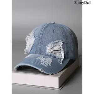 Vintage Washed Denim Baseball Cap - Distressed Ripped Unisex Hat, Adjustable Casual Style