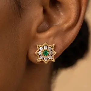 Gold Starburst Stud Earring - Emerald Green Center & CZ Crystals in Gold Setting. Features Hypoallergenic Silver Rod Post with Secure Gold Ball Back. Perfect for Cartilage, Helix, or Lobe. Cute Boho Aesthetic Piercing Jewelry