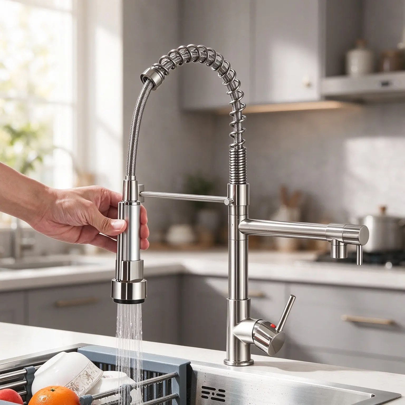 Kitchen Faucet With Pull Down Sprayer Brused Nickel Single Handle Dual Spout Commercial Kitchen Sink Faucet High Arc Spring Faucet 1 Hole Deck Mount Suitable for Farmhouse Camper Laundry Rv Bar
