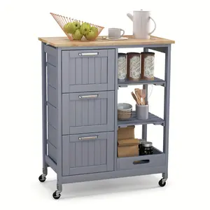 Home Essentials 1pc, Wooden Rolling Kitchen Island, Utility Storage Cart With 3 Drawers & Shelves, Home Decor, Living Space Organizer, Movable Trolley With Lockable Wheels For Portable Bars