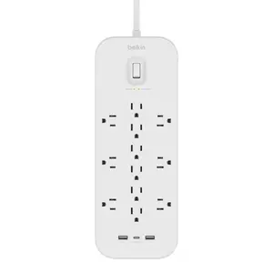 Belkin 12 Outlet Surge Protector with USB-C and USB-A ports with extra long 6 foot cable, on-off switch, 3480 joules surge protection, wall mount, high quality & durability, UL certified, protection for up to 15 devices, white.