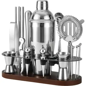 23-Piece Bartender Kit, Cocktail Shaker Set with Stand |   Bar Drink Mixer Set with All Essential Bar Tools: Martini Shaker, Jigger, Strainer, Pourers, for Home, Bar, Party (Chocolate-y)
