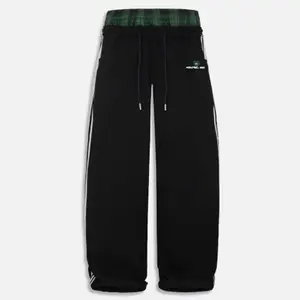 Trendy Fashion Double-Waist Checkered Patchwork Joggers Loose-Fit Wide-Leg Joggers for Man and Women Relaxed-Fit Long Pants with Pockets