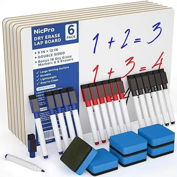 Nicpro 6-Pack Double-Sided Dry Erase Lap Boards, Portable Mini Whiteboards with Dry Erase Markers, Bulk Educational Learning Materials for Students (Whiteboard Pens, School Supplies)
