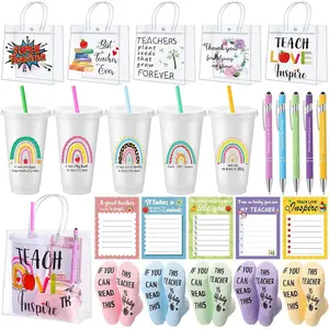 Vesici 25 Pcs Teacher Appreciation Gifts Set 2026 Graduation Party End of Year Teacher Thank You 24 oz Rainbow Plastic Tumblers with Lids Straws Clear PVC Gift Bags Socks Sticky Notepad Ballpoint Pens
