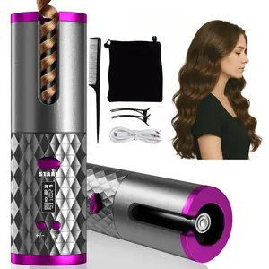 5000 mAh Cordless Automatic Hair Curler with Ceramic Rotating Barrel, Cordless Automatic Hair Curler with 6 Temerature & Timer Settings, Fast Heating Iron with LED Display, Portable and Rechargeable Automatic Hair Curler for Travelling, Shut-off Auto