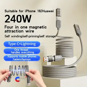 240W magnetic portable mobile phone charging cable, 4-in-1 magnetic data cable, automatic energy storage magnetic, fast charging data cable, Type-C to Type-C cable, USB cable for iPhone 16/15 Plus Pro Max, suitable for Android phones, laptops, round male