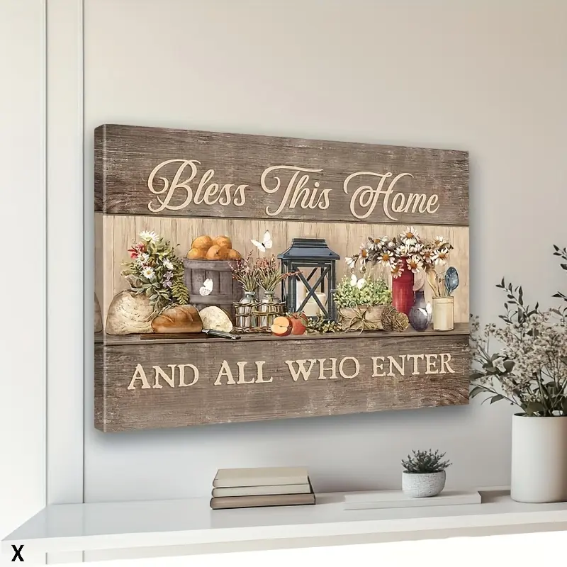 2D Flat Framed Kitchen Wall Art, Farmhouse Brown "Bless This Home" Canvas Print Poster with Food & Daisies, Rustic Christian Inspirational Decoration for Dining Room Home Decor