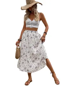 Women's New Pleated Floral Print Skirt, Elastic Waist A-Line Midi Dress, Lightweight Chiffon Long Skirt, All-Season Elegance Fashion