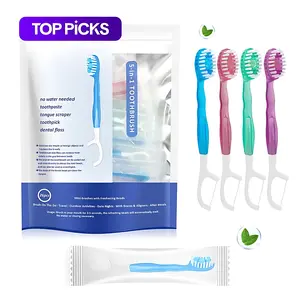 5-in-1 Mini Travel Toothbrush Set — 26-Pack Individually Wrapped with Built-in Toothpaste, Floss, Tongue Scraper & Toothpick. Portable oral care kit for fresh breath—ideal for work, travel, dating, and daily business trips.